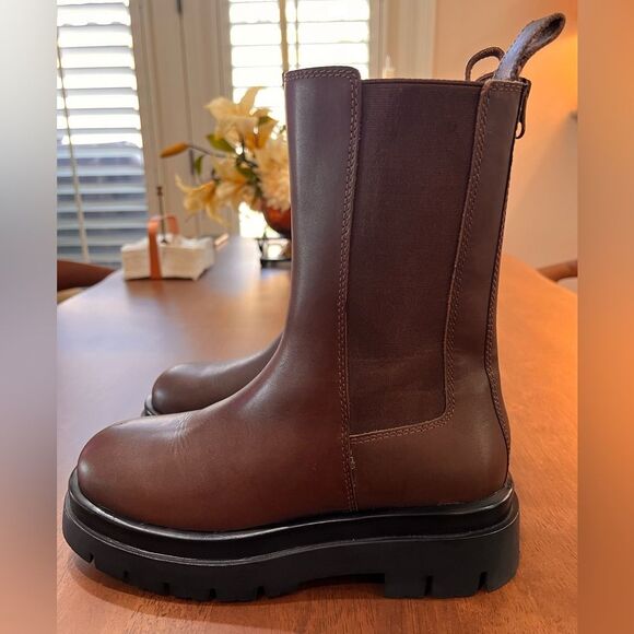 Aldo Maple Chelsea Boots Chestnut Leather Lug Sole Mid-Calf Platform 7.5 NWOB - Picture 3 of 8